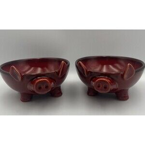 Vtg NapaStyle Red Ceramic Pig Serving Bowls Michael Chiarello 2 Pc Set Glossy